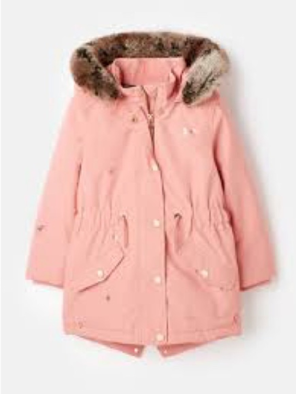 Joules Pink Puffer Coat with Faux Fur Hood and Gold Speckle